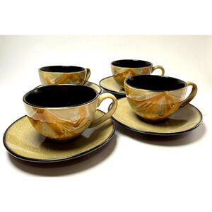 Pier 1 Kioko Cup Mug & Saucers Stoneware Brown Speckled Matte Black Set of 4